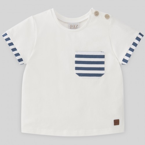 Cream with Navy Stripe Pocket T-Shirt